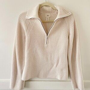 Cotton Rib-Knit Quarter Zip Sweater Cream Color
